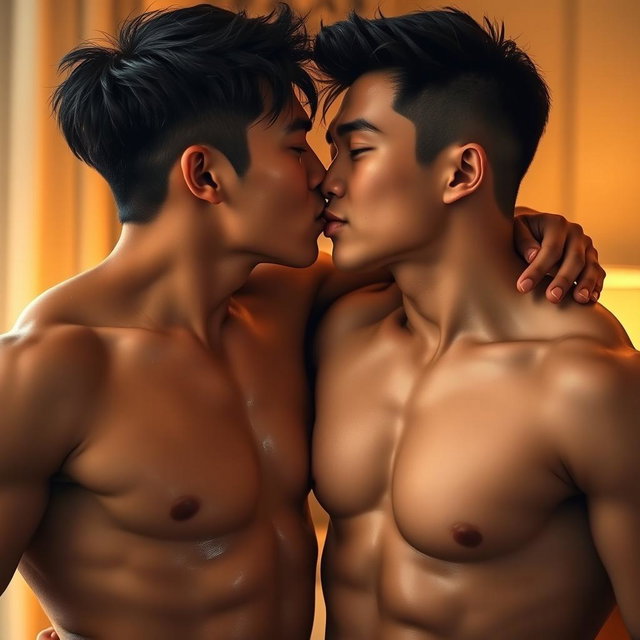 A romantic and intimate scene featuring two attractive Asian men