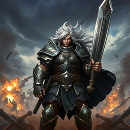 A fierce warrior avatar standing confidently on a chaotic battlefield, wearing ornate armor that reflects a mix of historical and fantasy styles