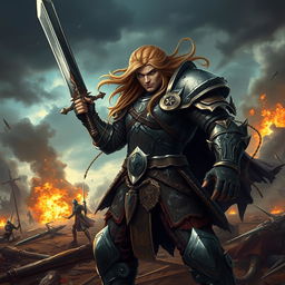 A fierce warrior avatar standing confidently on a chaotic battlefield, wearing ornate armor that reflects a mix of historical and fantasy styles