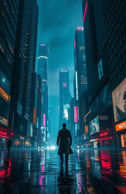 A supermassive cyberpunk cityscape at night, featuring towering skyscrapers with neon lights and holographic advertisements