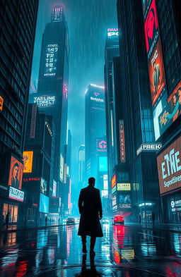 A supermassive cyberpunk cityscape at night, featuring towering skyscrapers with neon lights and holographic advertisements