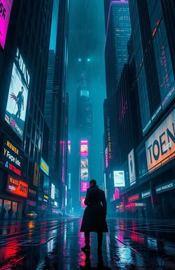 A supermassive cyberpunk cityscape at night, featuring towering skyscrapers with neon lights and holographic advertisements