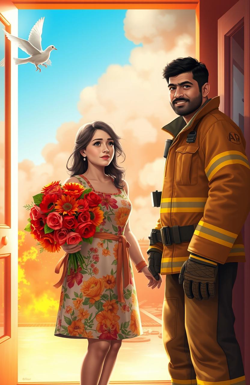 Ayra Maher, dressed in a vibrant floral apron, stands in the doorway of her sunlit flower shop, holding a stunning bouquet of fiery red roses and sunflowers in one hand