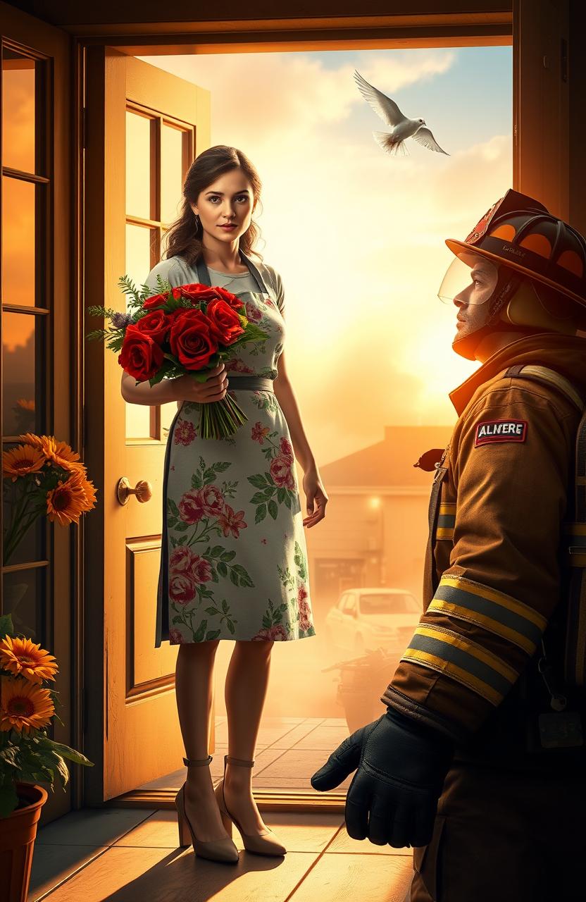 A captivating scene featuring Ayra Maher in a floral apron standing in the doorway of a sunlit flower shop