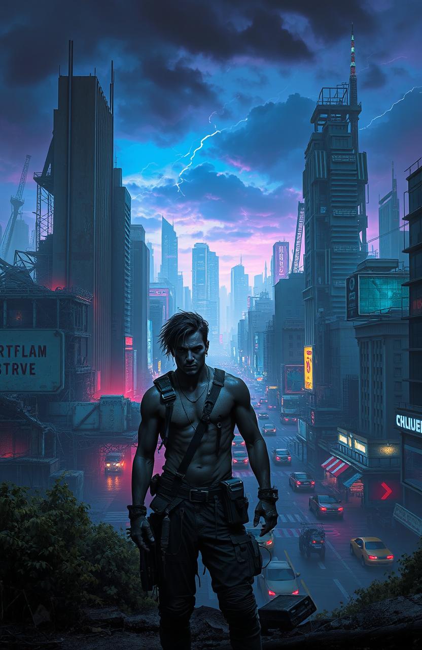 A decaying cyberpunk city with crumbling skyscrapers, overgrown greenery, and neon lights flickering amidst the decay, bordered by a vibrant, rich cyberpunk city filled with bustling streets, towering futuristic buildings, and high-tech vehicles