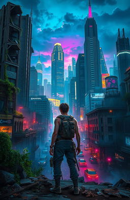 A decaying cyberpunk city with crumbling skyscrapers, overgrown greenery, and neon lights flickering amidst the decay, bordered by a vibrant, rich cyberpunk city filled with bustling streets, towering futuristic buildings, and high-tech vehicles