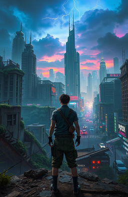 A decaying cyberpunk city with crumbling skyscrapers, overgrown greenery, and neon lights flickering amidst the decay, bordered by a vibrant, rich cyberpunk city filled with bustling streets, towering futuristic buildings, and high-tech vehicles