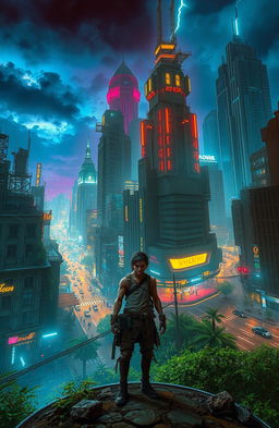 A decaying cyberpunk city with crumbling skyscrapers, overgrown greenery, and neon lights flickering amidst the decay, bordered by a vibrant, rich cyberpunk city filled with bustling streets, towering futuristic buildings, and high-tech vehicles