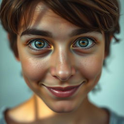 A close-up portrait of a person with striking features, their eyes wide open, exuding a sense of wonder and curiosity