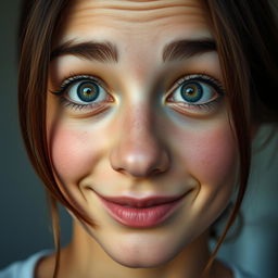 A close-up portrait of a person with striking features, their eyes wide open, exuding a sense of wonder and curiosity