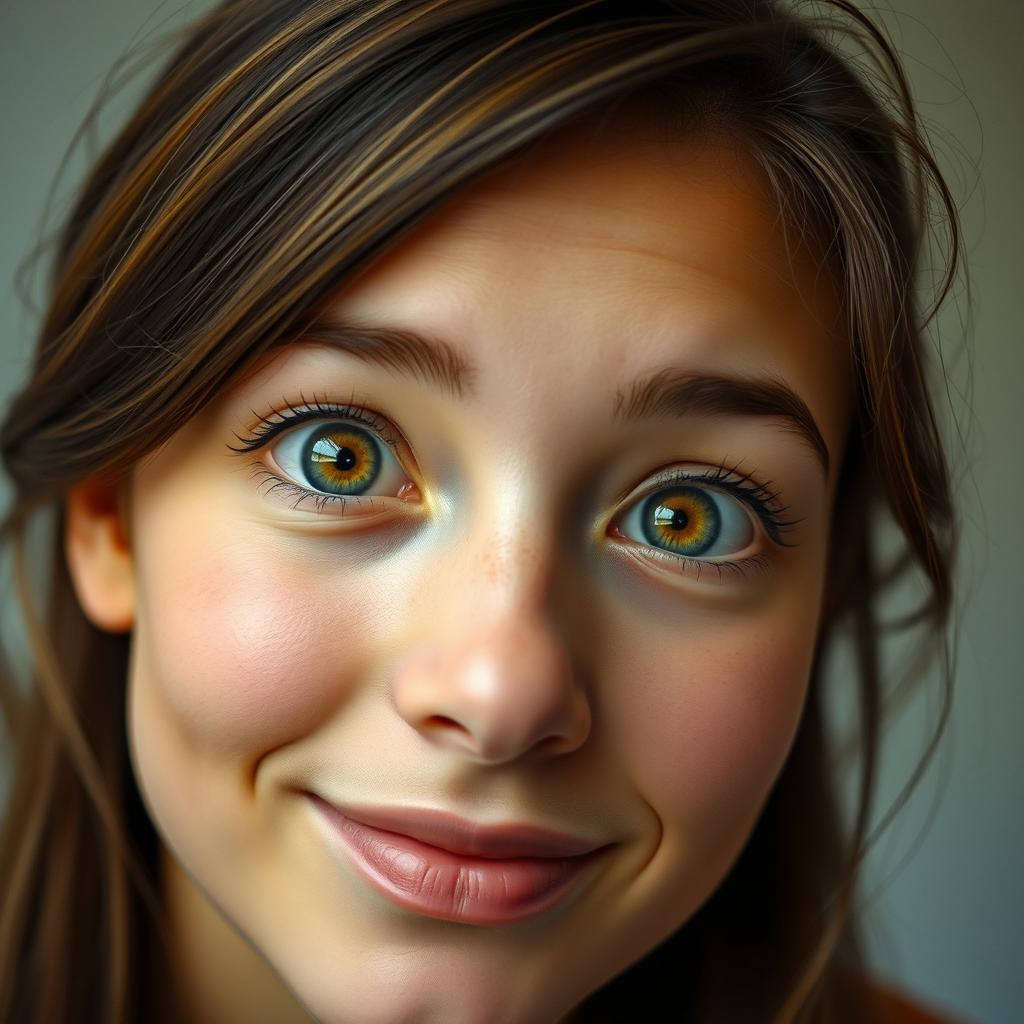 A close-up portrait of a person with striking features, their eyes wide open, exuding a sense of wonder and curiosity