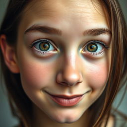 A close-up portrait of a person with striking features, their eyes wide open, exuding a sense of wonder and curiosity