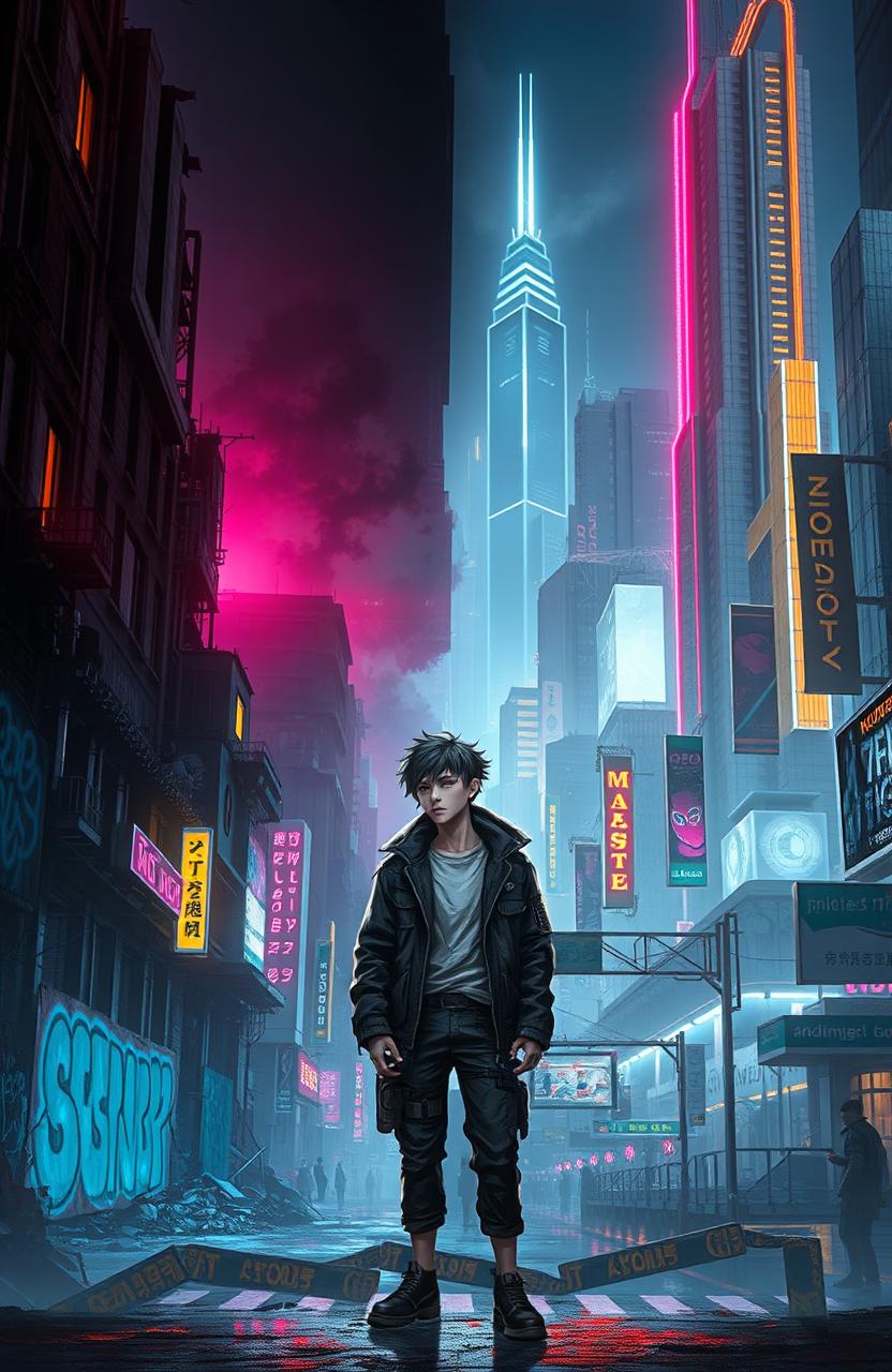 A digital art representation of a decaying cyberpunk city juxtaposed against a vibrant, rich cyberpunk city