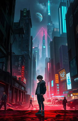 A digital art representation of a decaying cyberpunk city juxtaposed against a vibrant, rich cyberpunk city