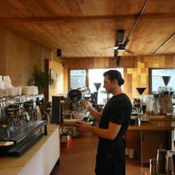 An aesthetically pleasing coffee bar with an array of coffee machines, drinks, baristas in action, and a warm, inviting atmosphere.