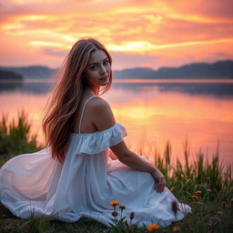 A young woman with long flowing hair sitting gracefully by a serene lake at sunset