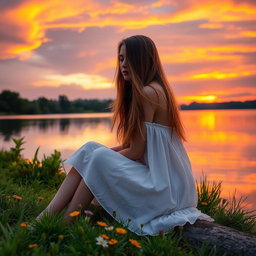 A young woman with long flowing hair sitting gracefully by a serene lake at sunset