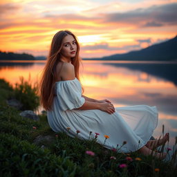 A young woman with long flowing hair sitting gracefully by a serene lake at sunset