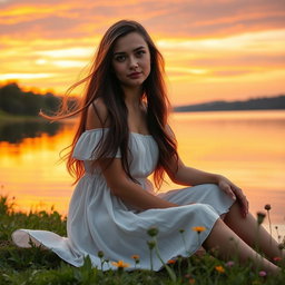 A young woman with long flowing hair sitting gracefully by a serene lake at sunset