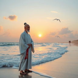 A serene scene depicting a distinguished man by the seaside, standing gracefully with the ocean waves gently lapping at the shore