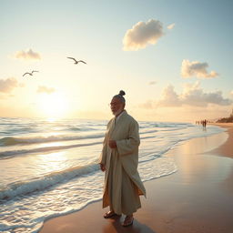 A serene scene depicting a distinguished man by the seaside, standing gracefully with the ocean waves gently lapping at the shore