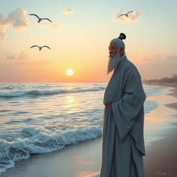A serene scene depicting a distinguished man by the seaside, standing gracefully with the ocean waves gently lapping at the shore