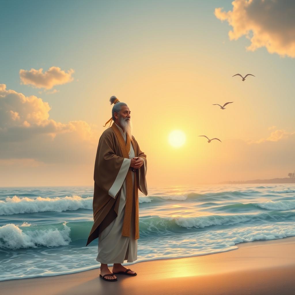 A serene scene depicting a distinguished man by the seaside, standing gracefully with the ocean waves gently lapping at the shore