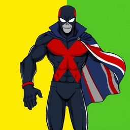 An illustration of Red X with several modifications: changing the black parts of the costume to dark navy blue, and the background split with the left side in bright yellow and the right side in intense green