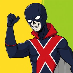 An illustration of Red X with several modifications: changing the black parts of the costume to dark navy blue, and the background split with the left side in bright yellow and the right side in intense green