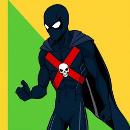 An illustration of Red X with several modifications: changing the black parts of the costume to dark navy blue, and the background split with the left side in bright yellow and the right side in intense green