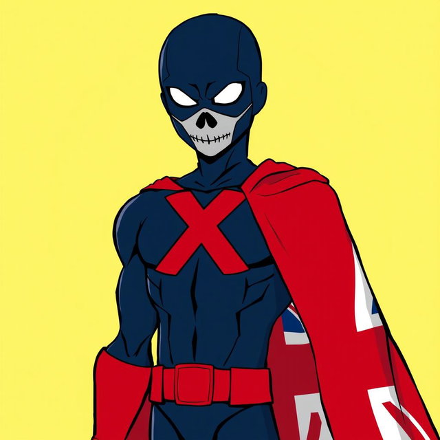 An illustration of Red X with several modifications: changing the black parts of the costume to dark navy blue, and the background split with the left side in bright yellow and the right side in intense green