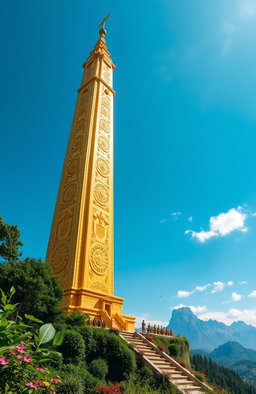 A stunningly detailed and majestic golden tower, reaching high into a clear blue sky