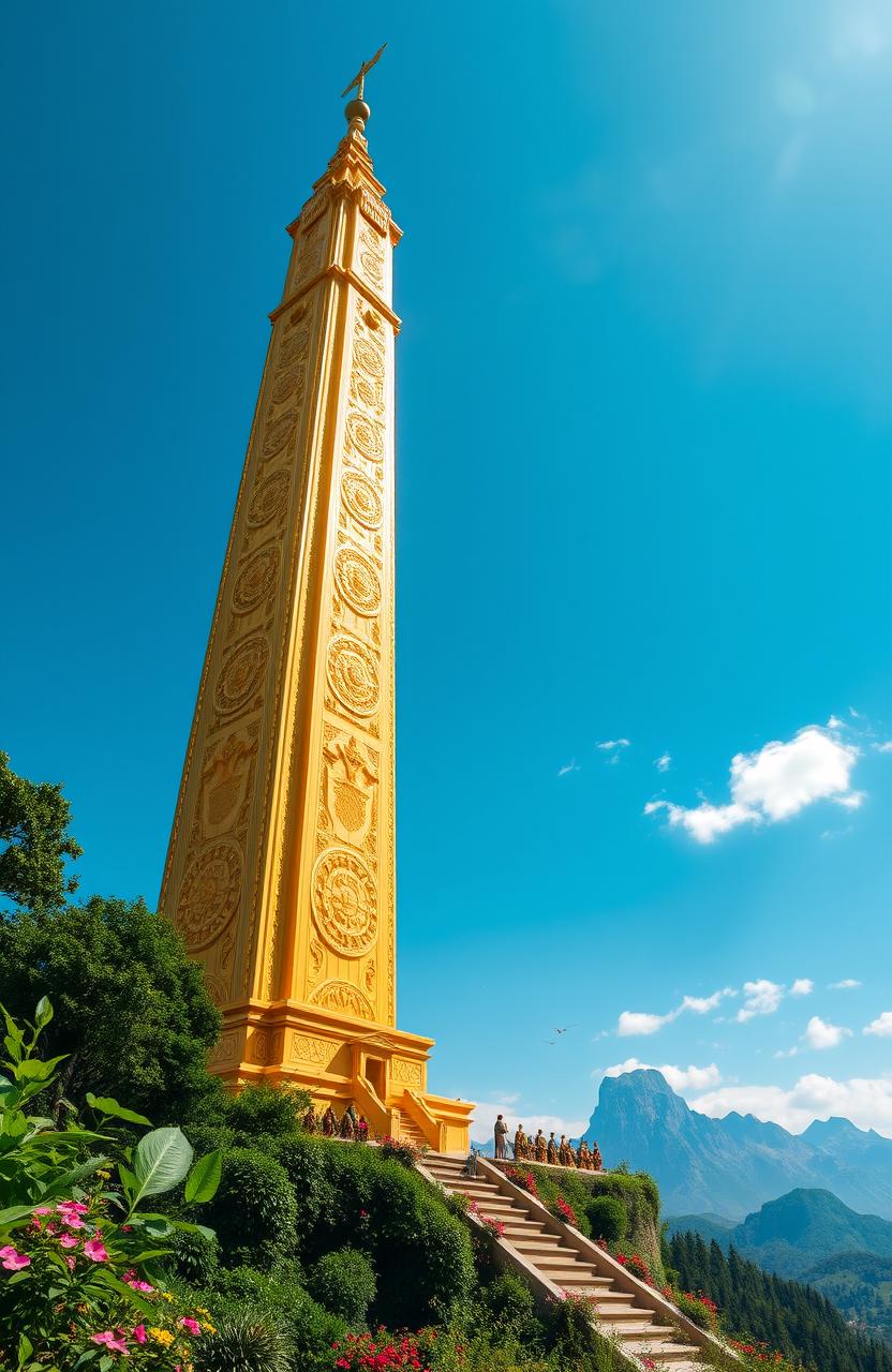 A stunningly detailed and majestic golden tower, reaching high into a clear blue sky