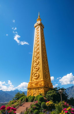A stunningly detailed and majestic golden tower, reaching high into a clear blue sky