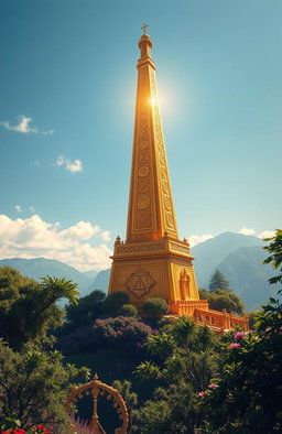 A stunningly detailed and majestic golden tower, reaching high into a clear blue sky