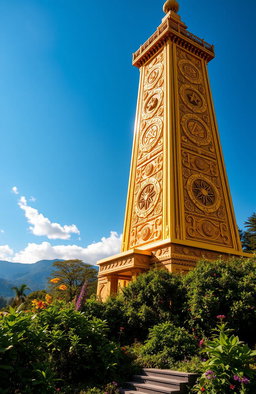 A stunningly detailed and majestic golden tower, reaching high into a clear blue sky