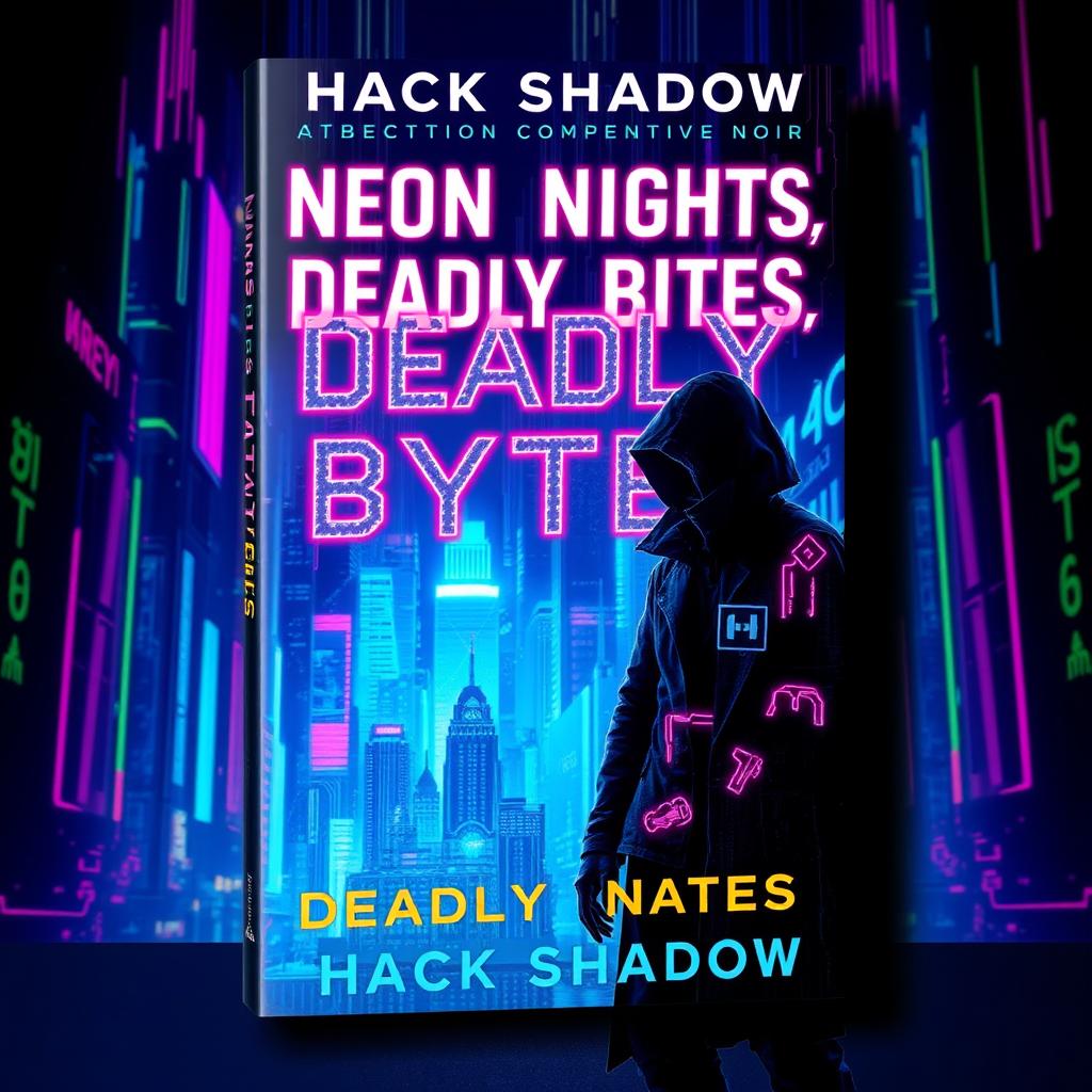 A striking book cover for 'Neon Nights, Deadly Bytes' by Hack Shadow