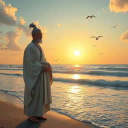 A serene scene depicting a distinguished man by the seaside, standing gracefully with the ocean waves gently lapping at the shore