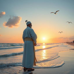 A serene scene depicting a distinguished man by the seaside, standing gracefully with the ocean waves gently lapping at the shore