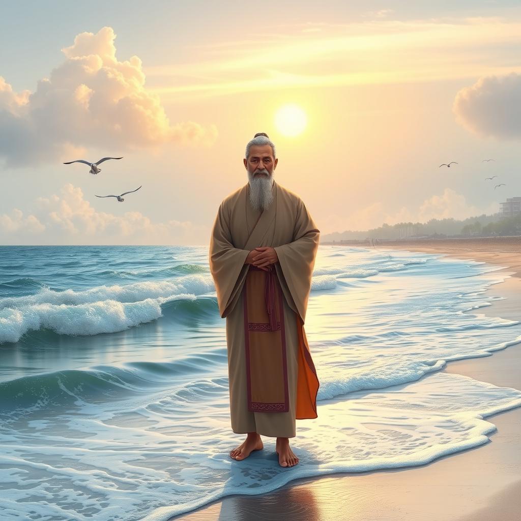 A serene scene depicting a distinguished man by the seaside, standing gracefully with the ocean waves gently lapping at the shore