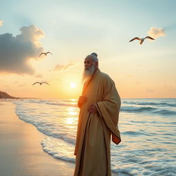 A serene scene depicting a distinguished man by the seaside, standing gracefully with the ocean waves gently lapping at the shore