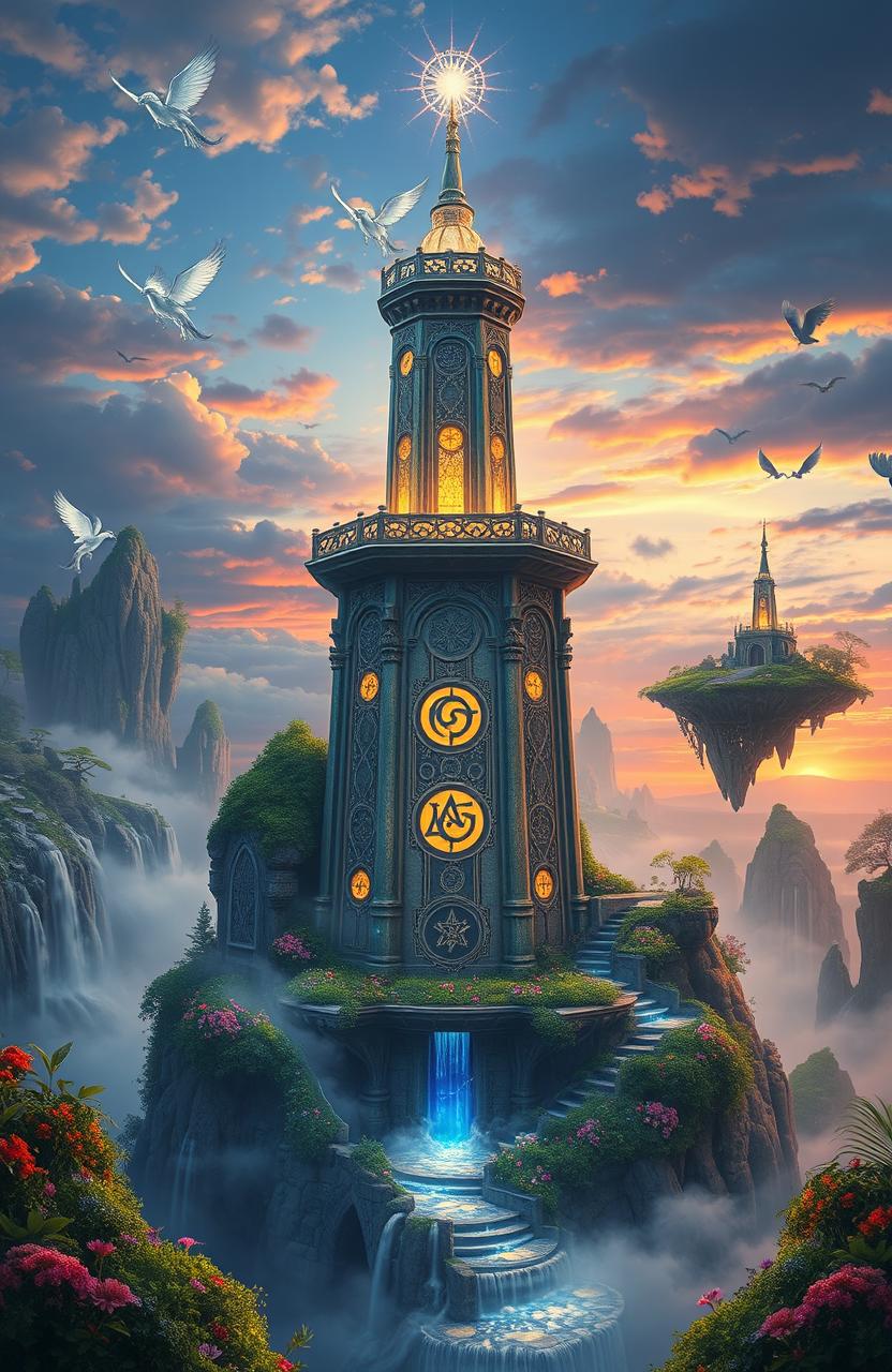A breathtaking view of a magical tower, surrounded by fantasy elements like floating islands, shimmering waterfalls, and ethereal creatures flying around