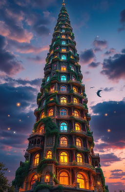A majestic and towering magical structure soaring into the sky, featuring intricate architectural designs and fantasy elements