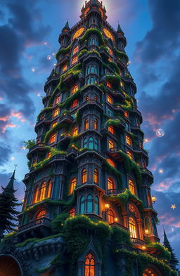 A majestic and towering magical structure soaring into the sky, featuring intricate architectural designs and fantasy elements