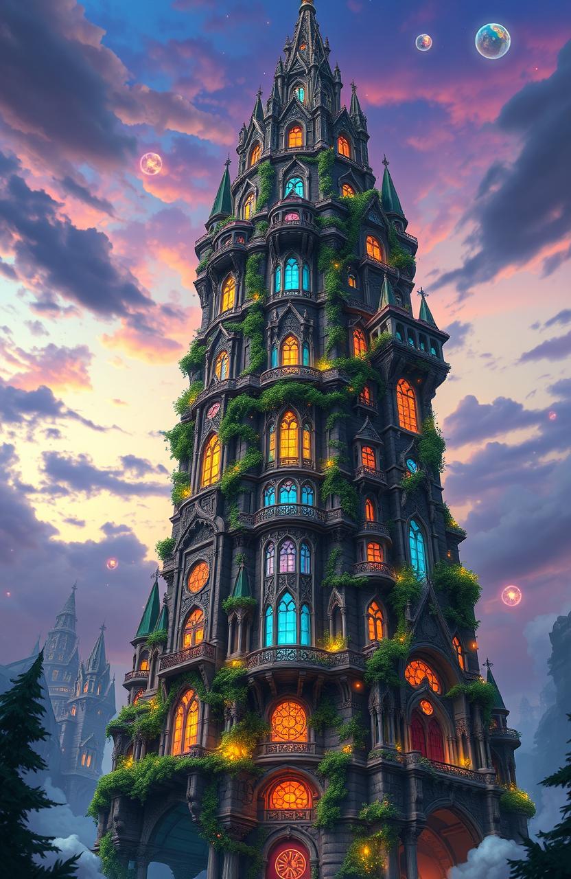 A majestic and towering magical structure soaring into the sky, featuring intricate architectural designs and fantasy elements