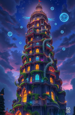 A majestic and towering magical structure soaring into the sky, featuring intricate architectural designs and fantasy elements