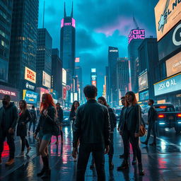 A dystopian cyberpunk cityscape at night, filled with towering skyscrapers covered in neon lights and digital billboards, showcasing a futuristic vibe