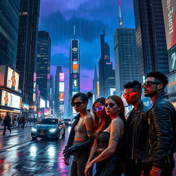 A dystopian cyberpunk cityscape at night, filled with towering skyscrapers covered in neon lights and digital billboards, showcasing a futuristic vibe