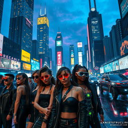 A dystopian cyberpunk cityscape at night, filled with towering skyscrapers covered in neon lights and digital billboards, showcasing a futuristic vibe