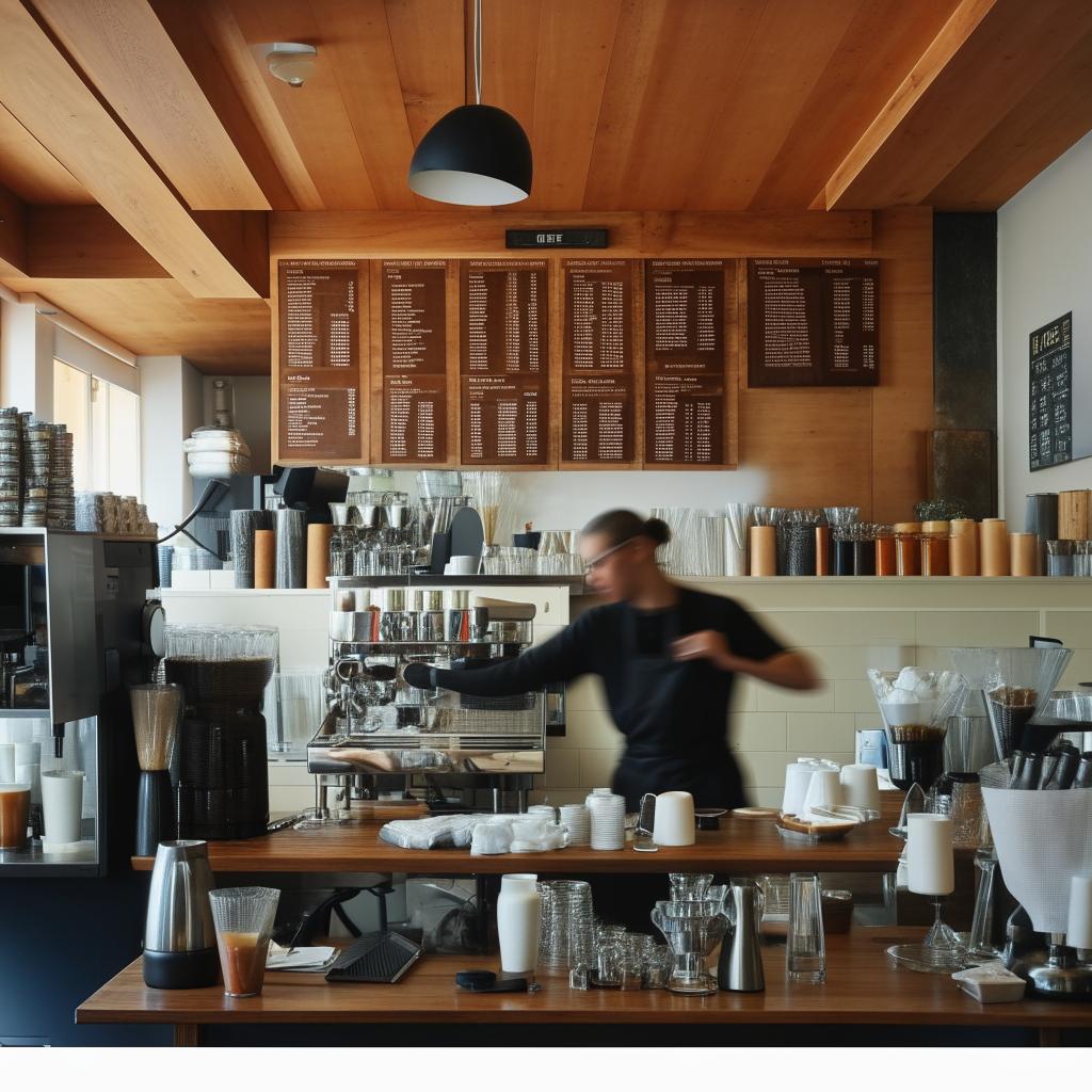 An aesthetically pleasing coffee bar with an array of coffee machines, drinks, baristas in action, and a warm, inviting atmosphere.